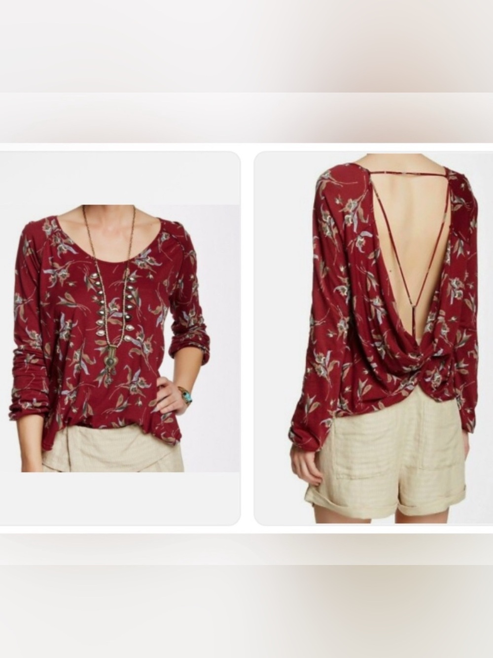 Free People Elsa Long Sleeve Open Back Twist Top Floral S NWOT Burgundy Maroon